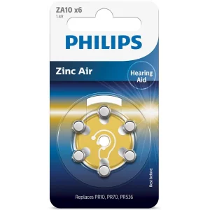 Батарейка Philips повітряно-цинкова ZA10(10A, AC230E/EZ, PR230, PR70, DA10) блістер, 6 шт., ZA10B6A/00 UA
